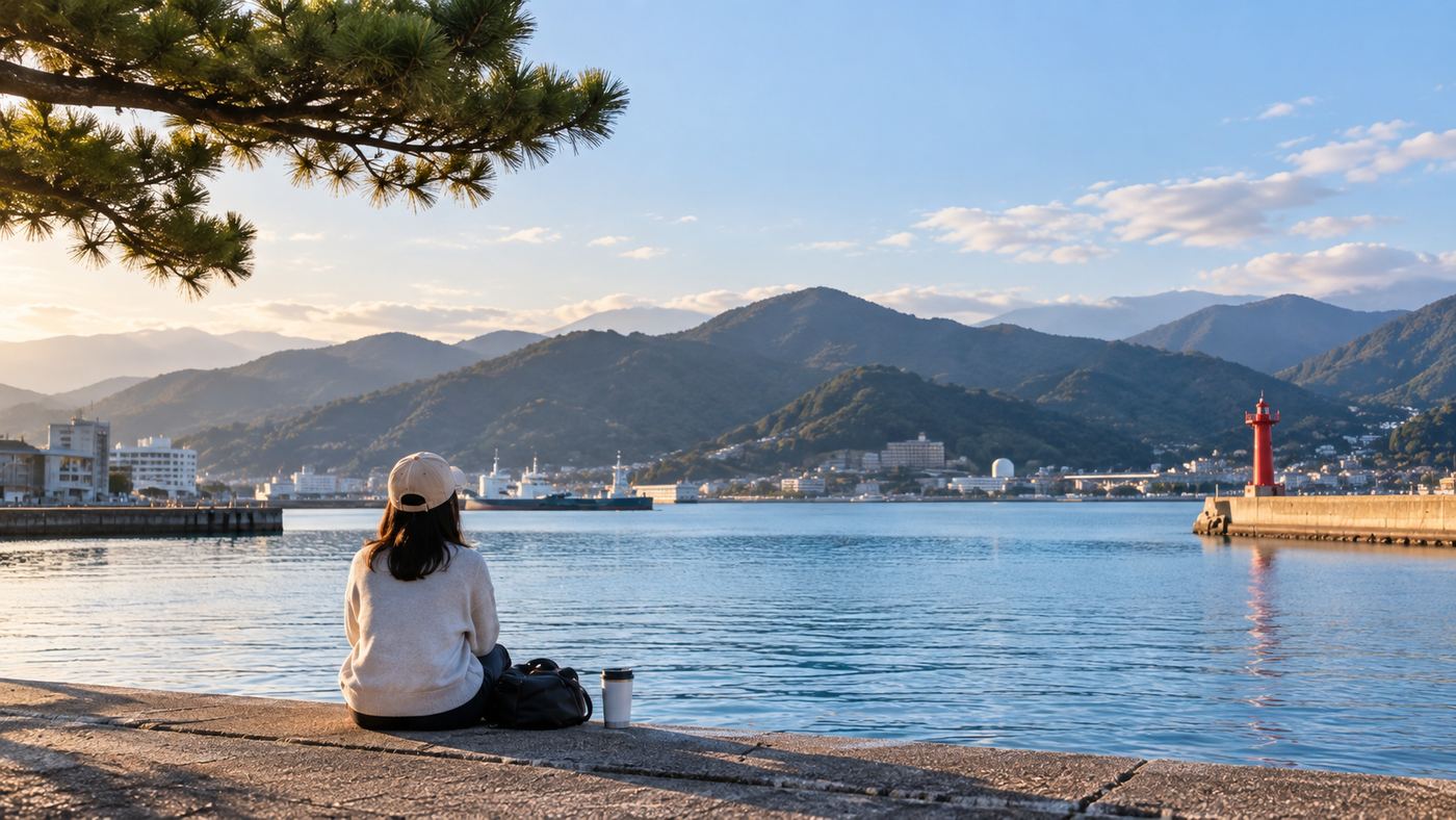The harbour at Tsuruga, with the mountains behind